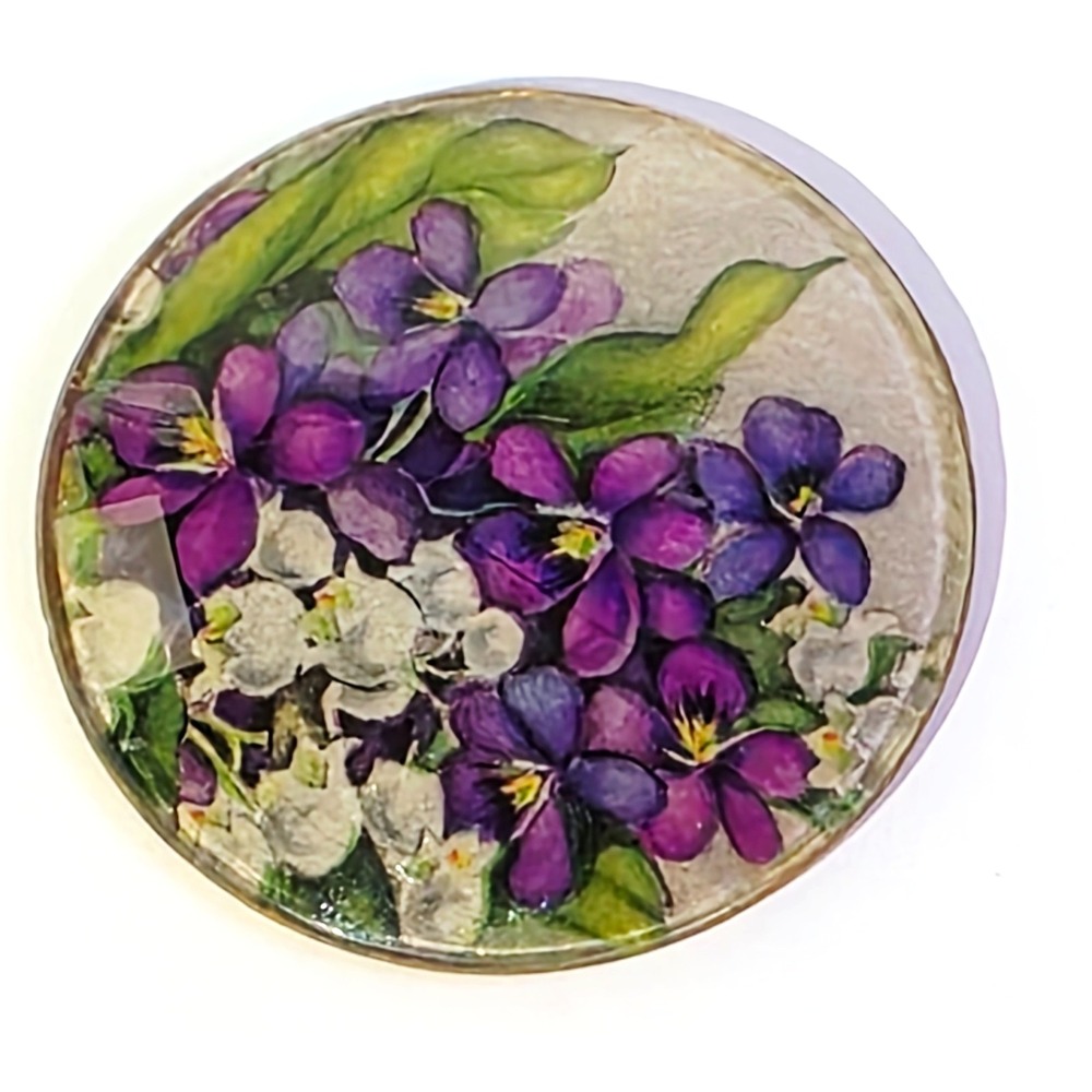 Vintage Round Reverse Painted Glass Purple Flowers Floral Brooch Pin - Picture 1 of 3